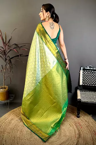 women's light green soft silk blend saree with unstitched blouse