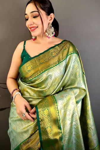 women's light green soft silk blend saree with unstitched blouse