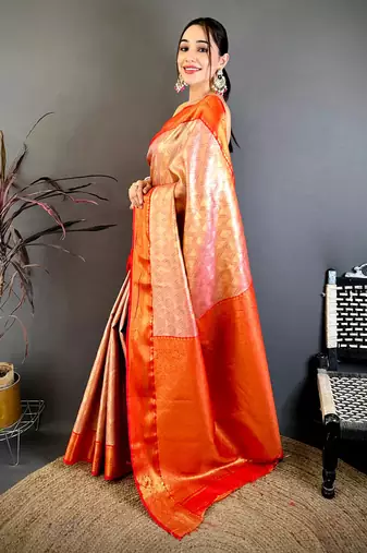 women's pink soft silk blend saree with unstitched blouse