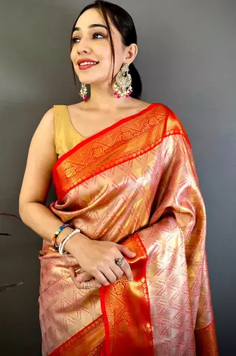 women's pink soft silk blend saree with unstitched blouse