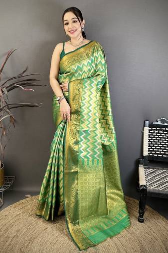 women's light green soft silk blend saree with unstitched blouse