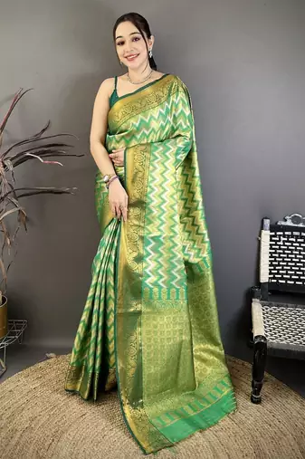 women's light green soft silk blend saree with unstitched blouse
