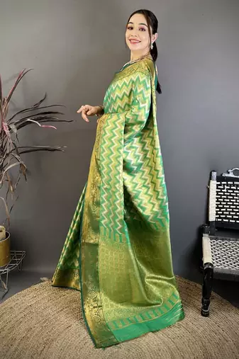 women's light green soft silk blend saree with unstitched blouse
