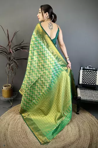 women's light green soft silk blend saree with unstitched blouse