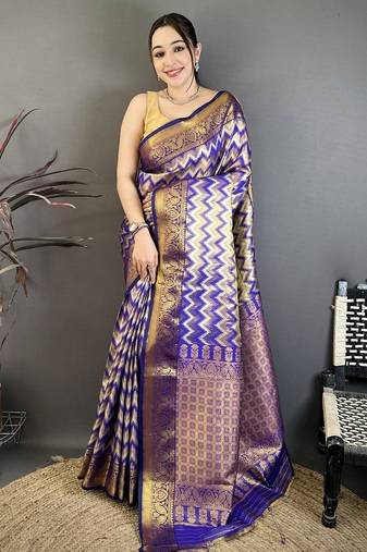 women's purple soft silk blend saree with unstitched blouse