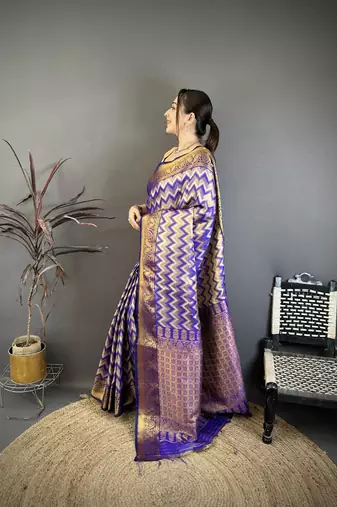 women's purple soft silk blend saree with unstitched blouse