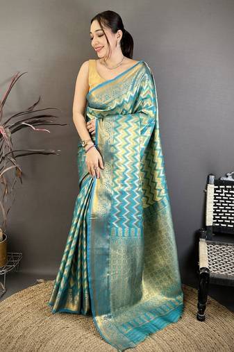 women's sea green soft silk blend saree with unstitched blouse