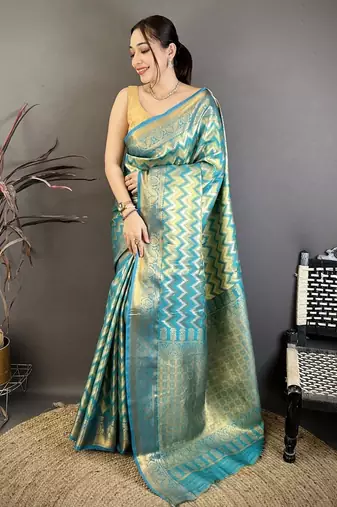 women's sea green soft silk blend saree with unstitched blouse