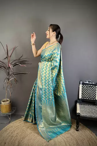 women's sea green soft silk blend saree with unstitched blouse