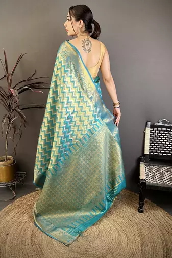 women's sea green soft silk blend saree with unstitched blouse