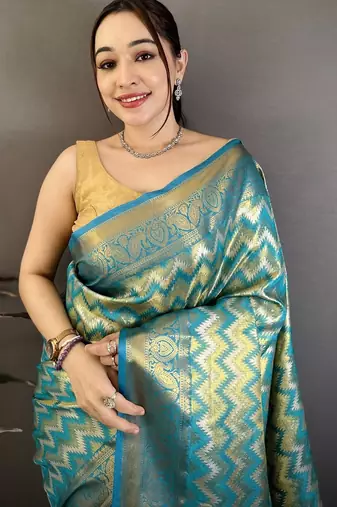 women's sea green soft silk blend saree with unstitched blouse
