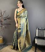 Women's green soft silk leheriya saree with unstitched blouse