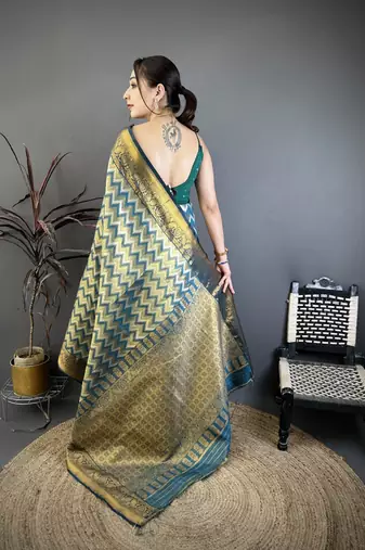 women's green soft silk blend saree with unstitched blouse