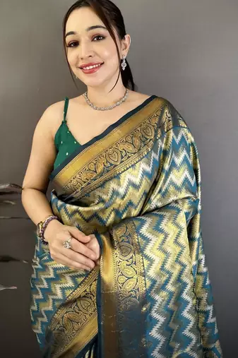 women's green soft silk blend saree with unstitched blouse