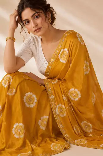 Orange floral chiffon ethnic saree