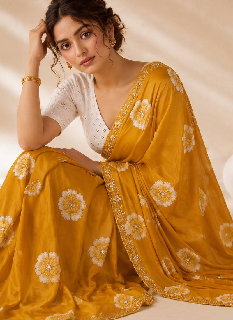 Orange floral chiffon ethnic saree