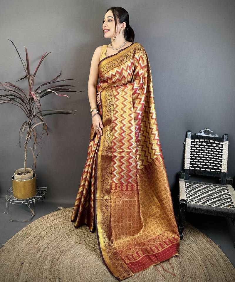 Women's maroon soft silk leheriya saree with unstitched blouse
