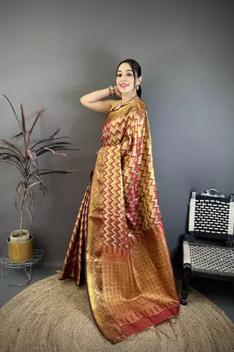 women's maroon soft silk blend saree with unstitched blouse