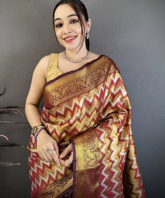Women's maroon soft silk leheriya saree with unstitched blouse 4