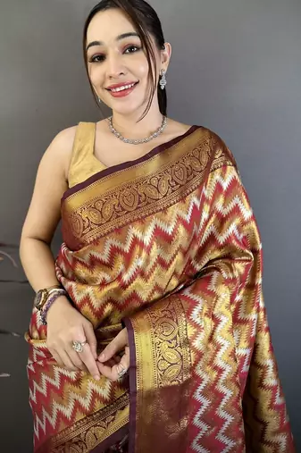women's maroon soft silk blend saree with unstitched blouse
