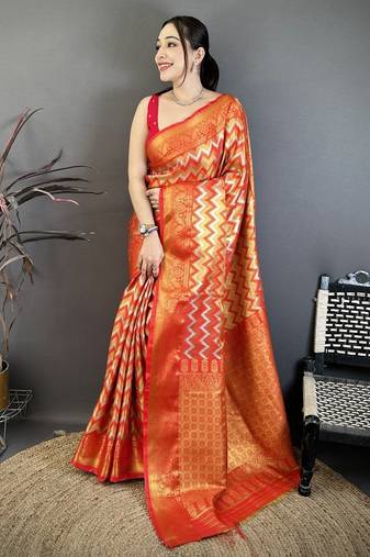 Women's red soft silk leheriya saree with unstitched blouse