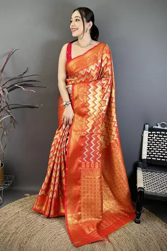 women's red soft silk blend saree with unstitched blouse