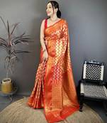 Women's red soft silk leheriya saree with unstitched blouse