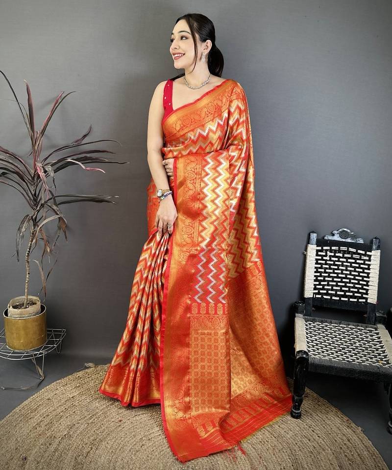Women's red soft silk leheriya saree with unstitched blouse