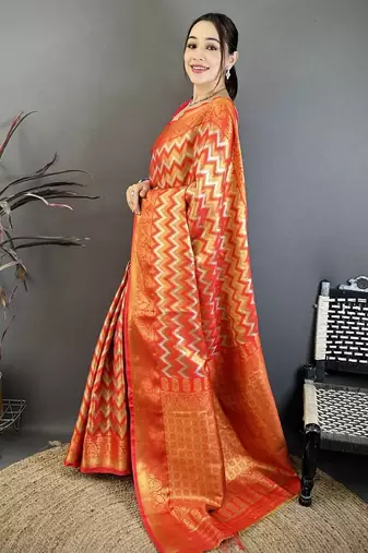 women's red soft silk blend saree with unstitched blouse