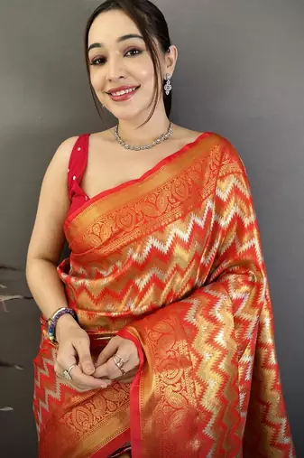 women's red soft silk blend saree with unstitched blouse