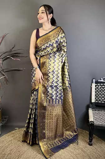 women's navy blue soft silk blend saree with unstitched blouse