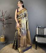 Women's navy blue soft silk leheriya saree with unstitched blouse