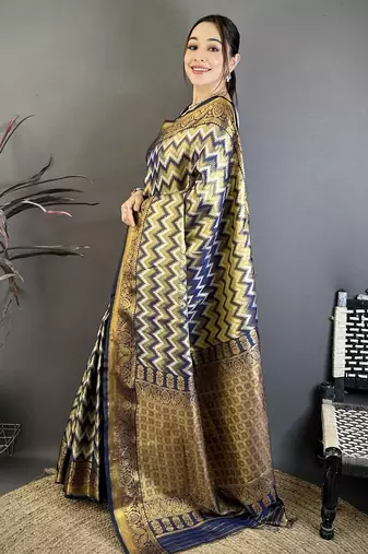 women's navy blue soft silk blend saree with unstitched blouse