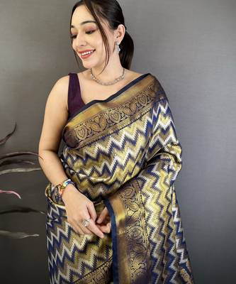 Women's navy blue soft silk leheriya saree with unstitched blouse 3