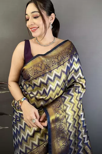 women's navy blue soft silk blend saree with unstitched blouse