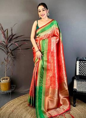 Women's red soft silk banarasi saree with unstitched blouse 1