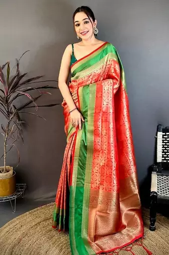 women's red soft silk blend saree with unstitched blouse