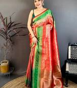 Women's red soft silk banarasi saree with unstitched blouse