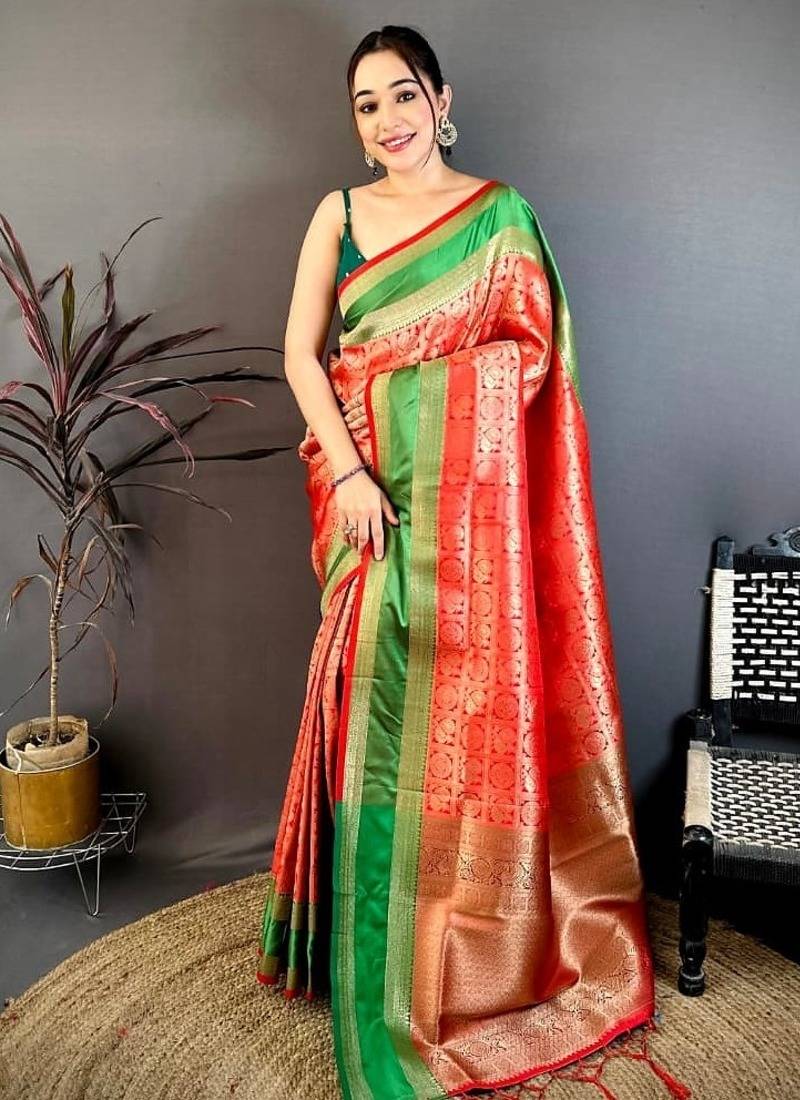 Women's red soft silk banarasi saree with unstitched blouse