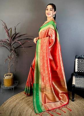 Women's red soft silk banarasi saree with unstitched blouse 2