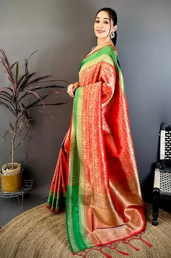 women's red soft silk blend saree with unstitched blouse