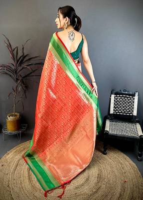 Women's red soft silk banarasi saree with unstitched blouse 3