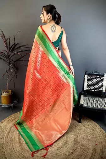women's red soft silk blend saree with unstitched blouse