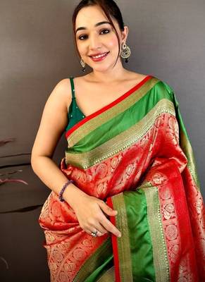 Women's red soft silk banarasi saree with unstitched blouse 4