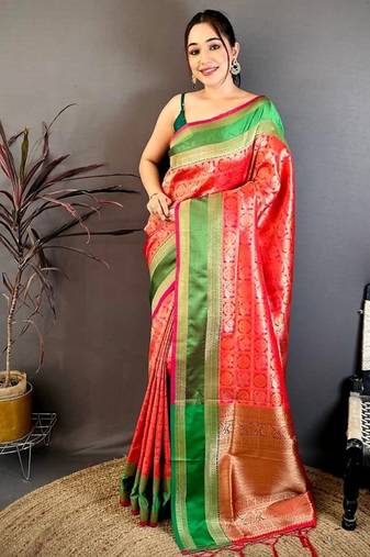 women's red & pink soft silk blend saree with unstitched blouse