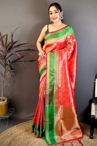 women's red & pink soft silk blend saree with unstitched blouse