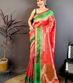 Women's red & pink soft silk banarasi saree with unstitched blouse