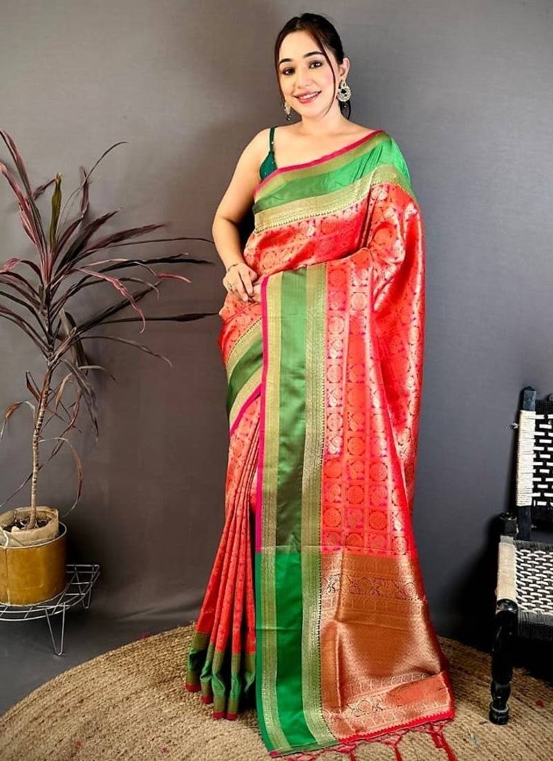 Women's red & pink soft silk banarasi saree with unstitched blouse