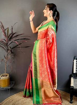 Women's red & pink soft silk banarasi saree with unstitched blouse 2