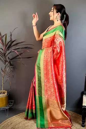 women's red & pink soft silk blend saree with unstitched blouse